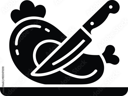 Black silhouette of a knife cutting a whole chicken