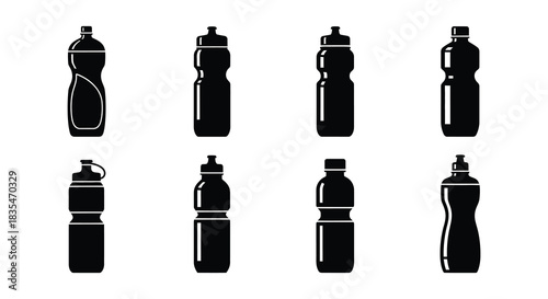 Collection of black silhouette water bottles in various shapes and sizes