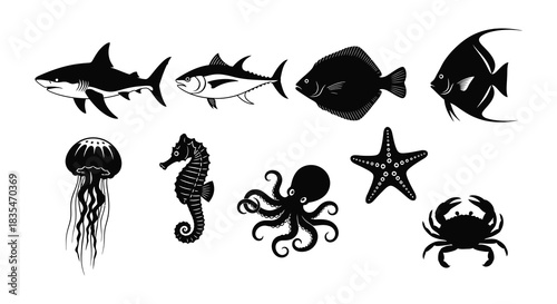 A collection of marine life silhouettes including sharks fish and invertebrates