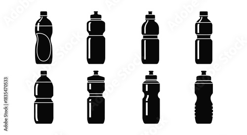 Collection of black silhouette water bottles in various shapes and sizes