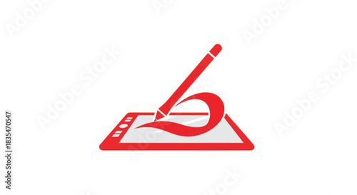 Digital art pen hovering over a tablet creating a swirled red stroke