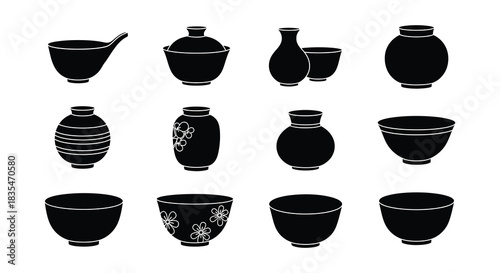 A collection of black silhouette pottery and ceramic bowls and vases