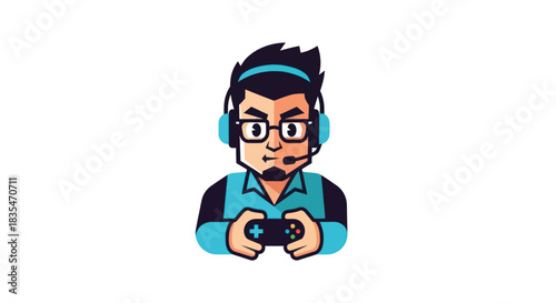 Cartoon of a focused gamer with headset, glasses and game controller