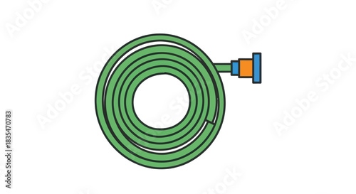 A coiled green hose with blue and orange connector