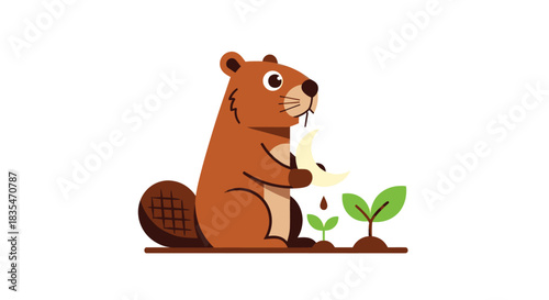 Cartoon beaver with sapling