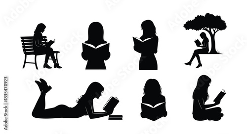 Silhouettes of people reading books in various relaxed and peaceful poses