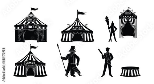 Black and white illustration of vintage circus tents and performers set