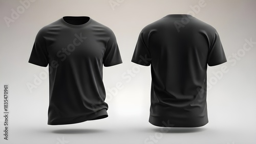 Clean studio shot showcasing the front and back view of a plain black t shirt floating against a neutral gradient background