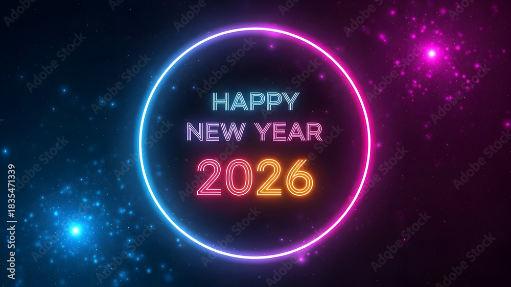 Obraz premium Vibrant neon ring illuminates happy new year 2026 with festive sparkles and dark background