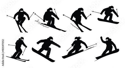 Silhouettes of skiers and snowboarders in dynamic winter action poses