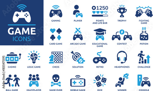 game icons, gaming, video games, player, points, life bar, trophy, fighting game, card game, arcade game, educational game, contest, potion, casino, logic game, chess, solution, retro, headphones, cha
