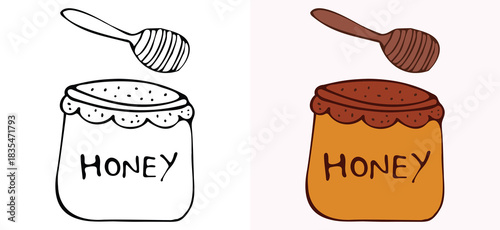 Full color hand drawn sketch vector illustration of a honey jar labeled "HONEY" with a dipper stick, suitable for natural food, dessert, bakery, morning breakfast, general food or ingredient concept