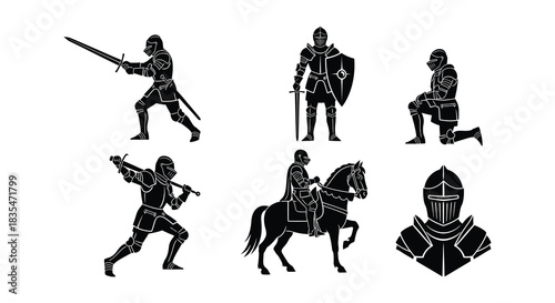 Medieval knights in black silhouettes warriors horseback and armored helmets shown