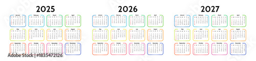 Set of calendars for 2025, 2026 and 2027 on a white background