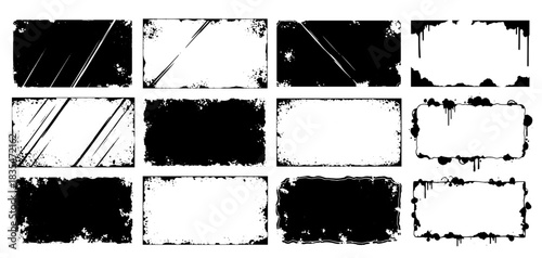 Set of black grunge ink frames with rough rectangle borders and dirty scratch textures for abstract design backgrounds