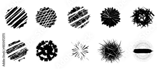 Hand drawn black grunge circle scribbles set with rough ink textures and chaotic hatch lines for abstract design
