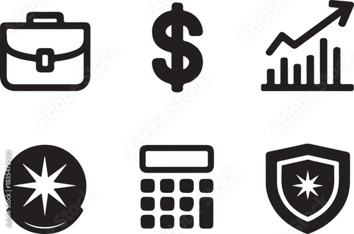 Business and finance icon set portfolio dollar growth compass calculator security