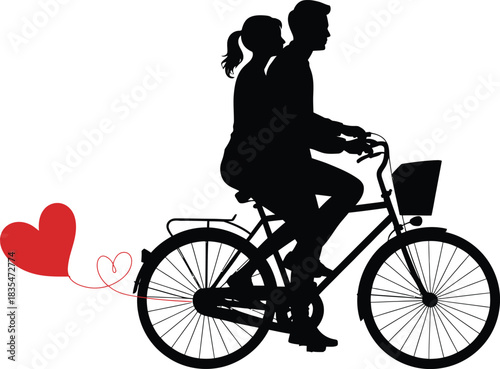 Couple riding a bicycle with a red heart silhouette