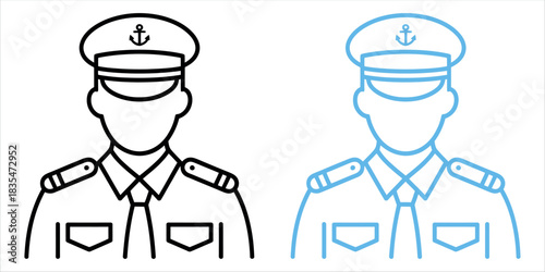 Line art of navy officer in uniform, perfect for nautical themes, leadership concepts, or military appreciation, available in black and blue outline.