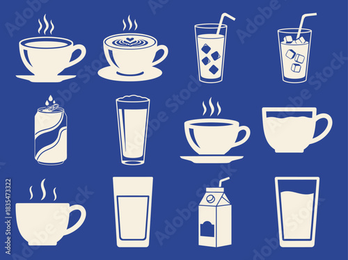 Solid filled icon set featuring breakfast toast and beverage drinks including coffee tea orange juice and milk on a blue background