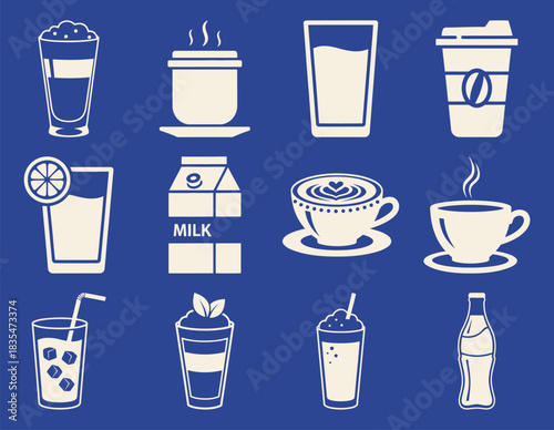 Solid style silhouette icon set for hot drinks and beverages featuring coffee tea cappuccino smoothie latte soda and teacup on blue background for menu design