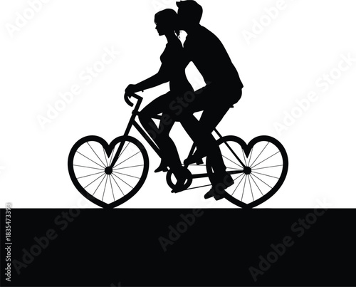 Couple riding a tandem bicycle with heart shaped wheels silhouette