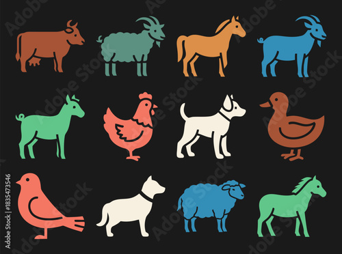 Solid filled farm animal icons featuring a cowbell cow sheep goat pig horse chicken and duck on a black background with color variants