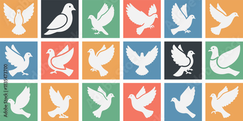 Comprehensive icon set featuring solid filled doves in diverse poses including flying perched silhouettes and winged variations with multiple color options