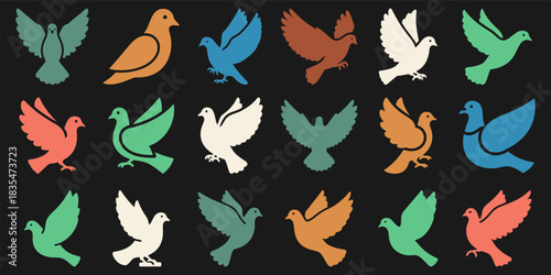 Comprehensive icon set featuring diverse dove illustrations including flying perched silhouettes and winged designs on a black background with color variations