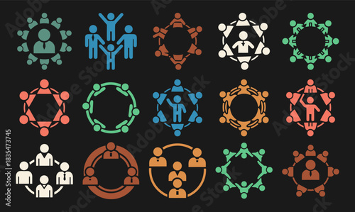 Solid filled social group community support team leadership circle icons on black background with color variants for digital and print applications