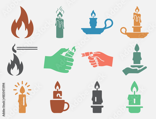 Comprehensive icon set for candle lighting featuring a candle match flame wick holder lighter wax smoke and fire with background color variations