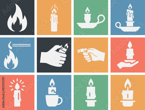 Comprehensive solid filled icon set for candle lighting featuring candle match flame wick holder lighter wax smoke and fire elements in various color variants