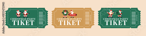 Set of Christmas entrance tickets — festive cartoon design with Santa Claus, wreath, christmas tree and Christmas lights. Cute vector holiday illustration in red, green, and gold colors