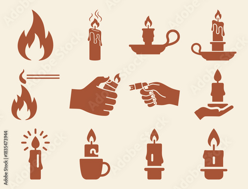 Comprehensive solid filled icon set depicting the process of lighting a candle including essential tools and elements