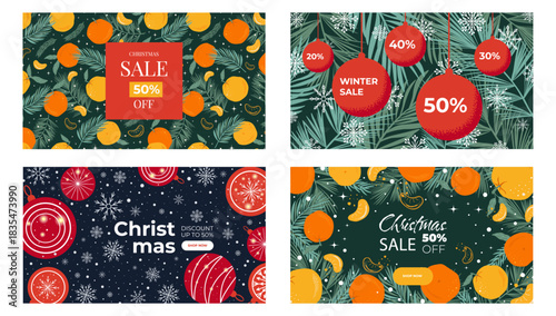 Set Of Colorful Banners For Christmas Promotions. Abstract Vector design of Christmas balls, coniferous branches, tangerines for postcards, posters, web pages