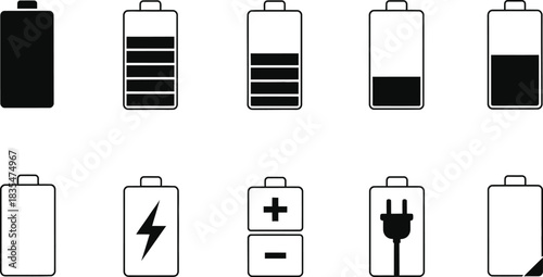 Battery charge level indicators in vector format on white