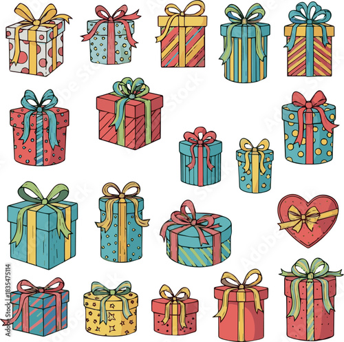 Create kinds of Birthday gift box elements clipart set. Colorful gift boxes drawing clip art with multi colored ribbon tie and cute pattern decoration collection vector illustration white background.