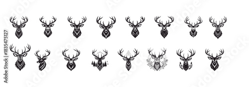 A collection of black and white stylized deer heads with prominent antlers arranged in two rows on a clean white background.