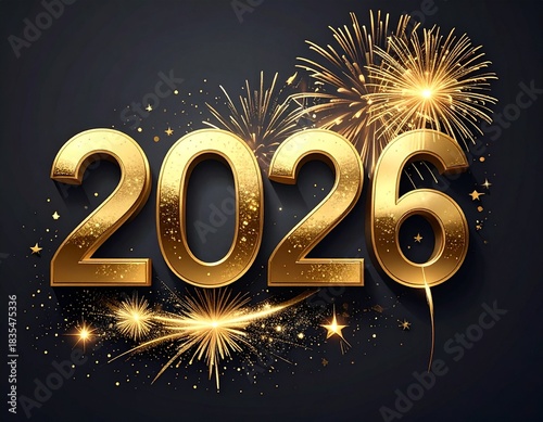 2026 Nowy Rok, elegancki złoty napis z fajerwerkami na ciemnym tle. Szczęśliwego Nowego Roku. Kartka świąteczna z życzeniami.