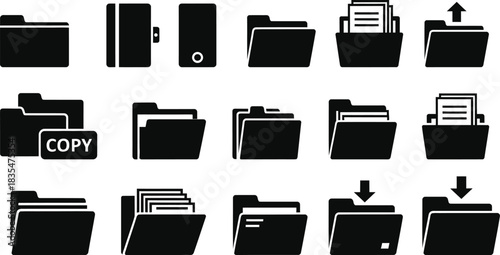 Black and white folder icon set for file management