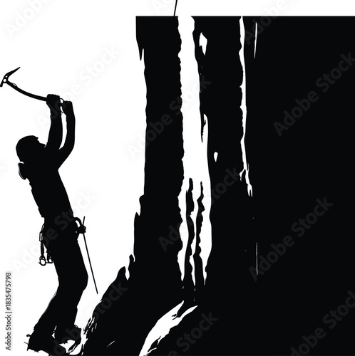 Ice climbing silhouette, mountaineer with axe, extreme sport, winter adventure, black and white, rugged terrain, harness, crampons, action pose