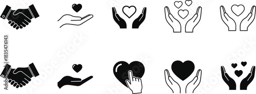 Set of hand and heart icons for love and care