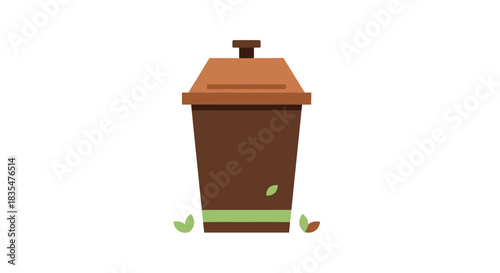 Brown compost bin w/ green band and lid, plus scattered leaves