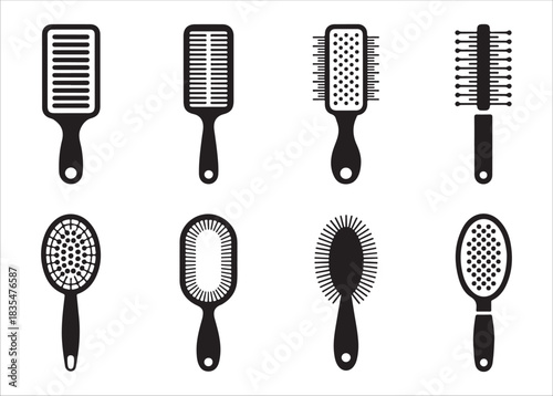 Collection of paint brush icons set with different bristles and handles in solid and outline style