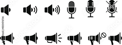 Sound microphone and megaphone icons set in black silhouette