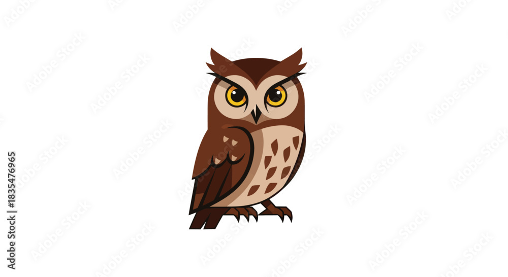 Fototapeta premium Cartoon owl with brown feathers and piercing yellow eyes