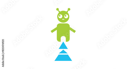 Graphic of green alien hovering on blue triangles