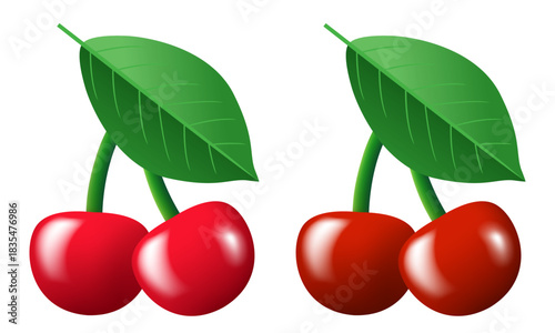 Cherry. Two cherry berries and a leaf. Vector 3d clipart isolated on white background.