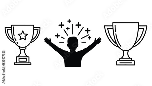 Silhouette of a triumphant person celebrating between two victory trophies