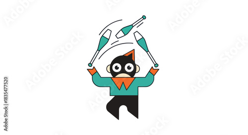 Cartoon juggler character, stylized, throwing 3 pins